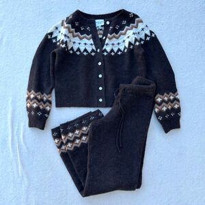 Willow & Wind Fair Isle Cropped Cardigan Sweater & Pants Set Women's Small Brown